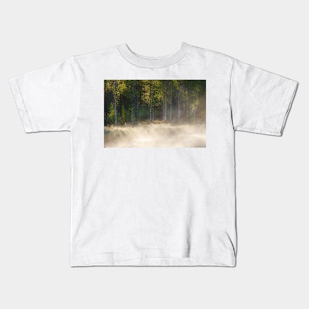 Small forest pond at sunrise Kids T-Shirt by Juhku